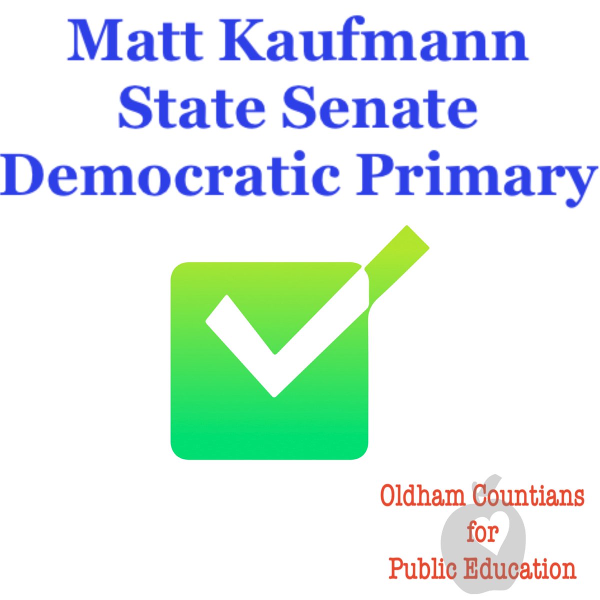 Oldham Countians for Public Education is proud to endorse <a href="/KaufmannForKY/">Matt Kaufmann</a> in the senate democratic primary! <a href="/SOS_KY/">Save Our Schools KY</a>