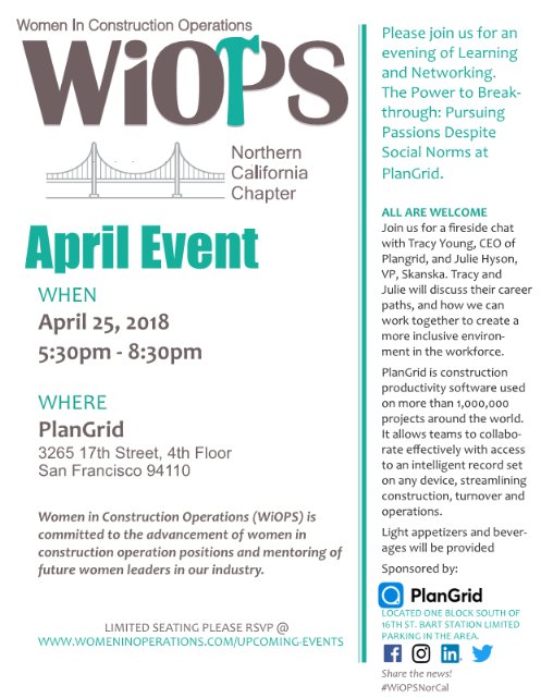 WiOPSMentors's tweet photo. Don't miss our next Northern California Chapter event on Wednesday, April 25 at @PlanGrid office in San Francisco. RSVP here: https://t.co/sUkHggJOzA #womeninconstruction #wiops #wiopsnorcal https://t.co/T53BhlwQYM
