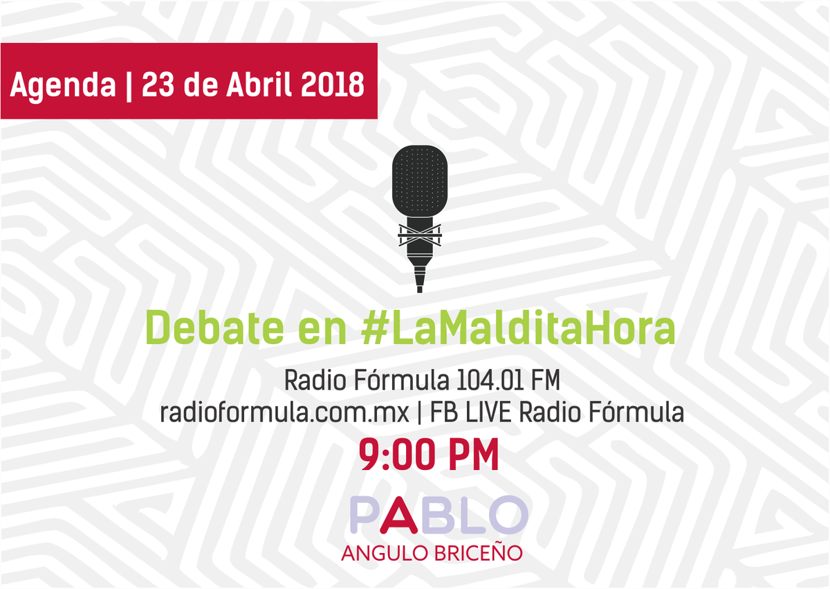 PabloAnguloB's tweet photo. Los invito a seguirme en #LaMalditaHora con @callodehacha por @Radio_Formula a las 9:00 PM. 
Síguelo en en vivo: https://t.co/HuUw5YU5eD https://t.co/UZolyiTXGg