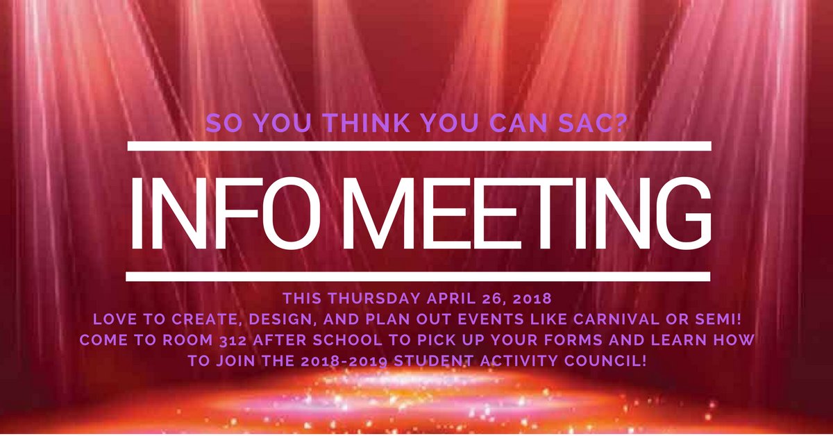 DSSS_SAC's tweet photo. Want to join the 2018-2019 STUDENT ACTIVITY COUNCIL? Come to room 312 after school on Thursday April 26th for an informational meeting! https://t.co/X0W6k9X9ze