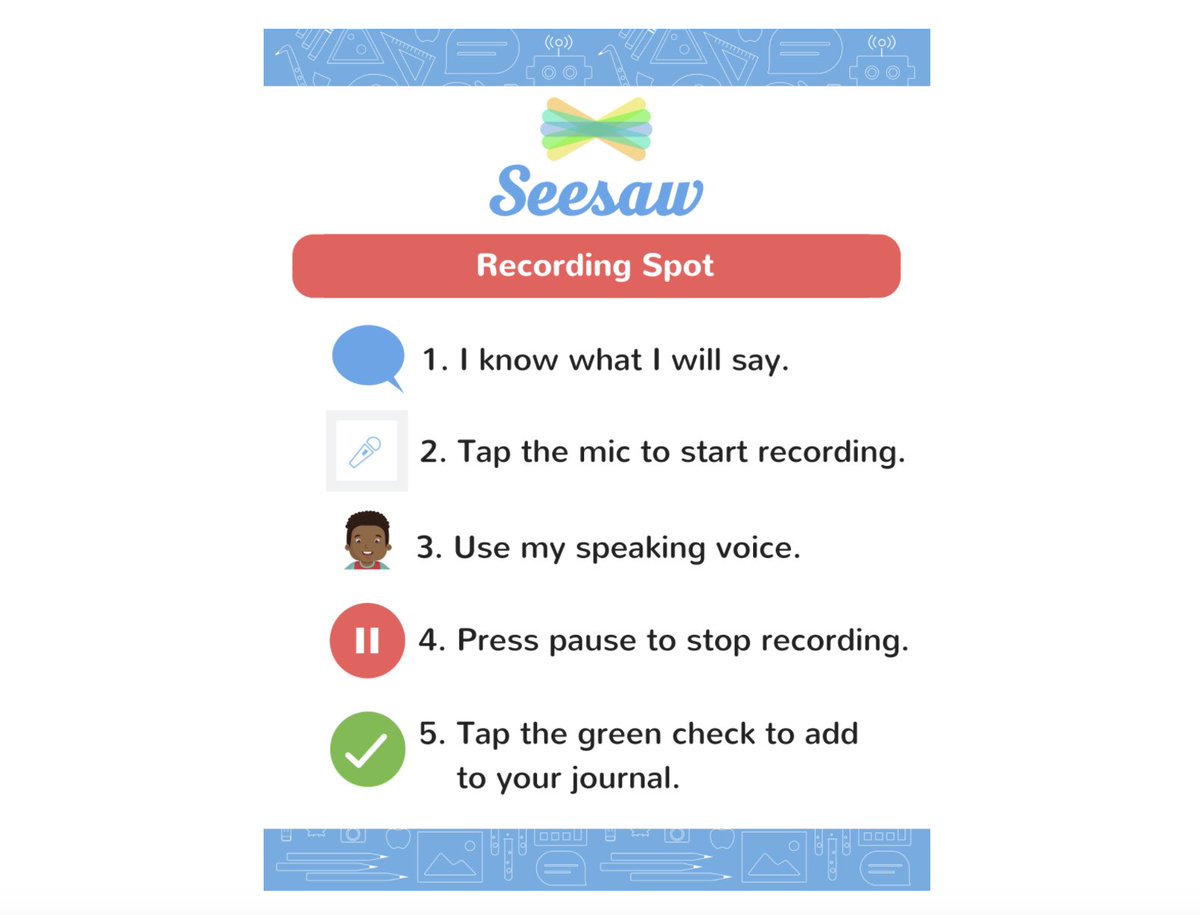 Seesaw's tweet image. Help your students get ready to record in Seesaw! Find this poster along with other printable resources here: bit.ly/seesawprintabl…