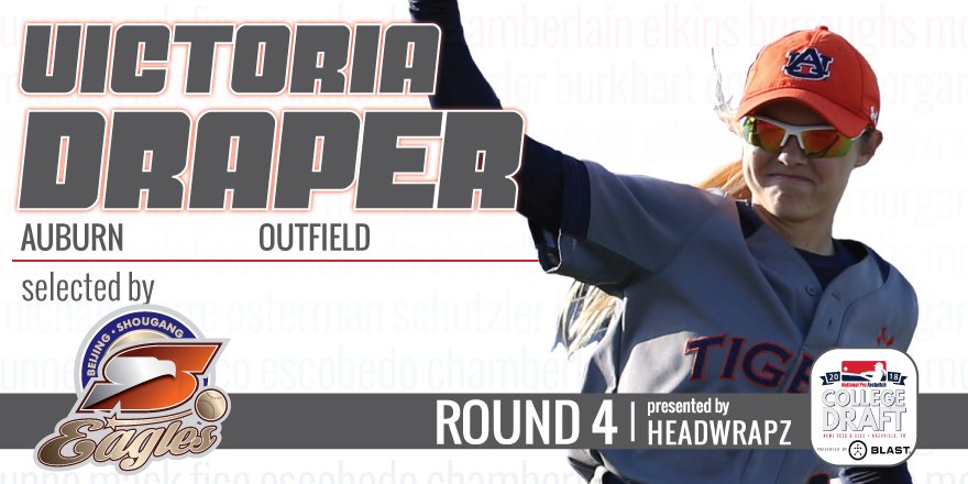 profastpitch's tweet photo. The @ShougangEagles select OF Victoria Draper from @AuburnSoftball with the 19th overall pick! @Head_Wrapz @Blast_sftball @blastmotion #NPFDraft2018 https://t.co/lYzXp7Of0H