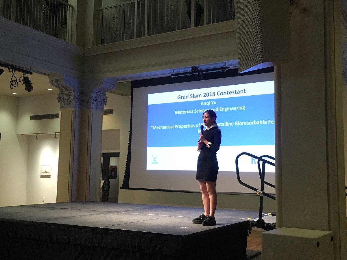 UCRGradSuccess's tweet photo. Anqi Yu is beginning her presentation, “Mechanical Properties of Nanocrystalline Bioresorbable Fe-Mn Alloy.” #UCRGradDiv #GradSlam2018 https://t.co/nyRDu2bbm4