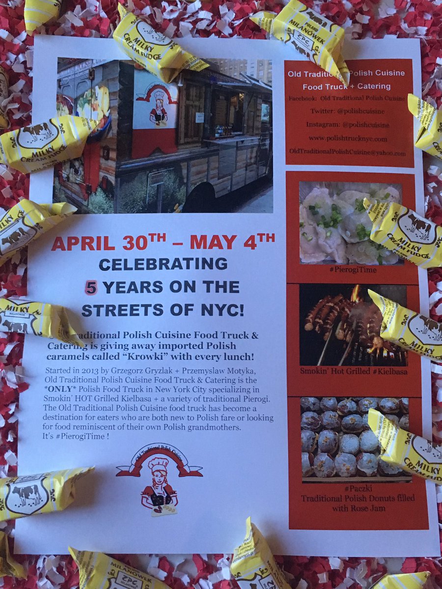 PolishCuisine's tweet photo. WHERE has the time gone? It's our 5th (yes- #fifth) #anniversary on the streets of #NYC - Officially celebrating next week by giving out a sweet Polish staple: #krowki #caramels with every #lunch @EaterNY @ZagatNYC @FoodNetwork @NYCFoodieFinder @spoilednyc https://t.co/pf6Pz9Mv38