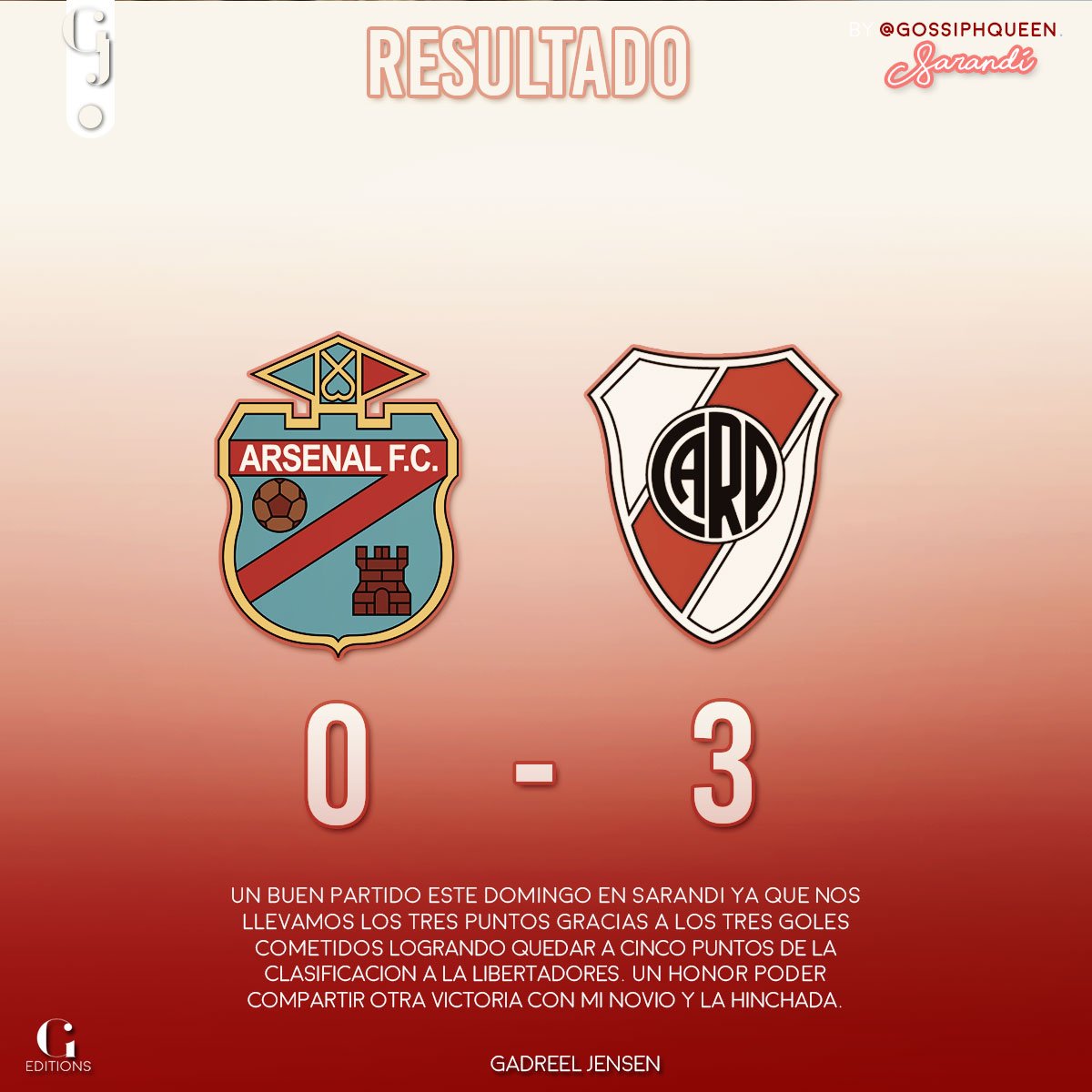 gadjensen's tweet image. 230418
Partido bien definido en Sarandí, en el cual pudimos llevarnos los tres puntos a favor. A no rendirse y a seguir dando todo para poder seguir subiendo y poder entrar a la libertadores.