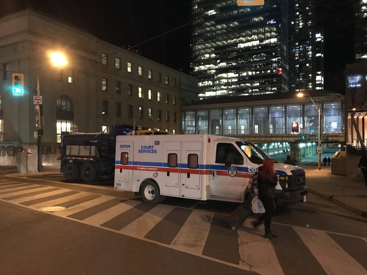 CBCToronto's tweet photo. Toronto police barricading intersections from Simcoe to York, south of Front. The Maple Leafs game will be ending shortly and crowd will be leaving the Air Canada Centre. 

Security was tightened at tonight's game after the van attack: https://t.co/Z5YAwEsvjg https://t.co/oWQHenGR5P