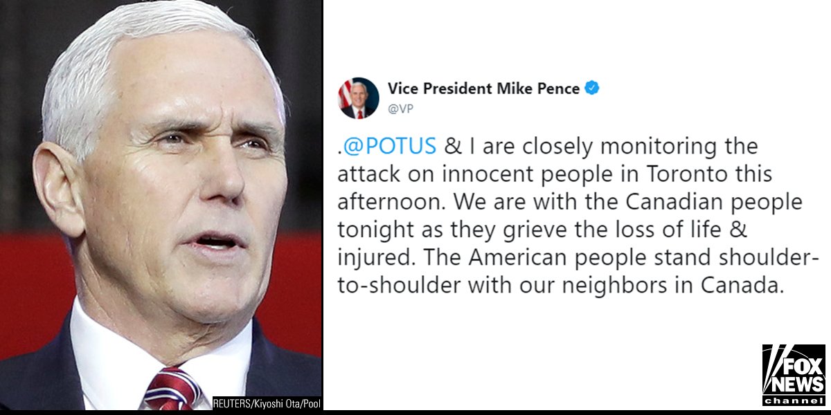 .<a href="/VP/">Vice President JD Vance</a> Mike Pence tweeted a message of support to the people of Canada after driver rammed a van into a crowd of pedestrians in Toronto Monday. At least ten people were killed. fxn.ws/2HpXnSE