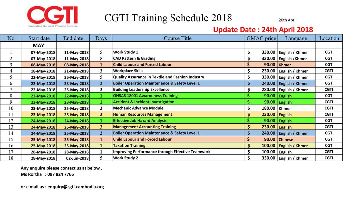 CGTI (@cgticam) on Twitter photo Dear all members
Attached is the updated May 2018 training calendar, please check it out.
Please contact us at enquire@cgti-cambodia.org or call us at++855 23 622 7777
Thank you Dear all members
Attached is the updated May 2018 training calendar, please check it out.
Please contact us at enquire@cgti-cambodia.org or call us at++855 23 622 7777
Thank you