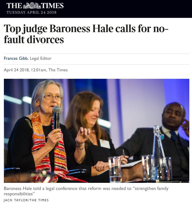 Gouldingays's tweet photo. It's great to see Lady Hale's comments on divorce law at #ResConf18 have been picked up by @thetimes 'Top judge Baroness Hale calls for no-fault divorces' https://t.co/ccH3AgUBzw https://t.co/iOar9W06Yq