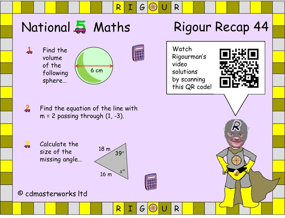 RigourMaths's tweet image. Only 10 days til #Nat5Maths exam 2018! Try today's #RigourRecap 44. Practice makes progress! Scan the QR code to view full video solutions and use the Online Learning Portal to revise areas you struggled with; cdmasterworks.co.uk/national-quali…. If you don't have an account you can sign up.