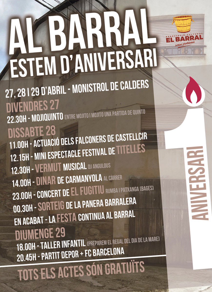 Al <a href="/elbarralmonis/">Associació El Barral</a> estan d'aniversari. Del 27 al 29 d'abril hi haurà mojiquinto, actuació dels <a href="/falconscastellc/">Falcons Castellcir</a>, titelles, vermut, dinar de carmanyola, concert de rumba, taller infantil i moltes coses més...