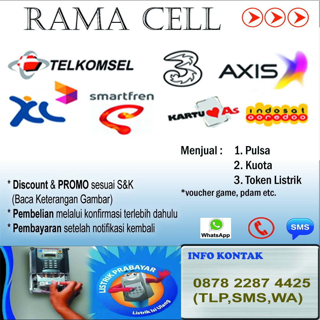 RAMA CELL

Menjual "PULSA, KUOTA INTERNET &amp;  TOKEN LISTRIK

Jika agan/sista berminat silahkan dapat di pesan atau chat melalui
Contact Person
0878 2287 4425
(Tlp,Sms,Wa)
