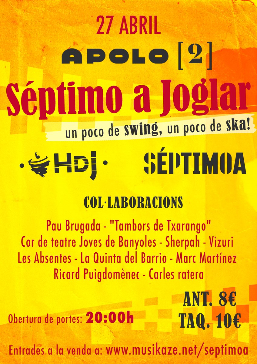 Kozamamusic's tweet photo. Ja queda menys pel concert a la 2 de la @Sala_Apolo #séptimoAjoglar amb els amics de @SeptimoAoficial i molts col-laboradors! Encara podeu aconseguir entrades a https://t.co/jS25rC4Vrf No us ho perdeu! Serà brutal! #aBraKaBranKa https://t.co/FzkJ6HCcL3