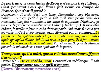 En tout cas, aujourd’hui encore, Domenech est lapidaire dans son constat sur Ribéry :