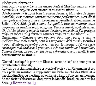 En 2015, Franck Ribéry repique une crise de jalousie cette fois contre Griezmann qui lui prend sa place en Bleu. Pourtant le père de Griezmann avait dit du bien de Ribéry. Griezmann répond avec finesse. Ribéry ne peut pas l’atteindre puisqu’il ne sera plus sélectionné en Bleu.