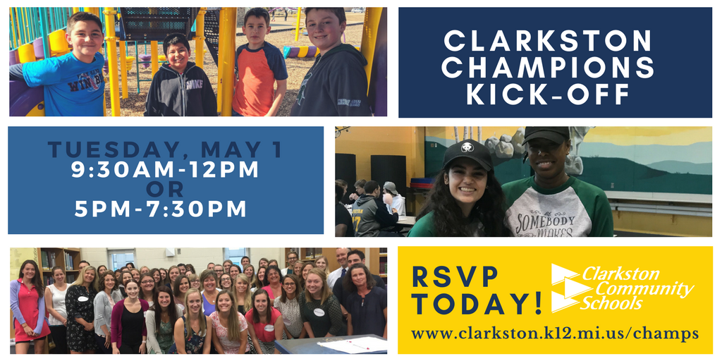 LearnAtCCS's tweet photo. Do you wish you could have a voice in shaping that future? Clarkston Champions is an engaged community of advocates for our kids and our schools. Join us at our kick-off next Tuesday, May 1 (at 9:30am or 5pm) at the Board Office. RSVP at https://t.co/A4lhY0kNRy #WeAreClarkston https://t.co/3hkKuVekPv