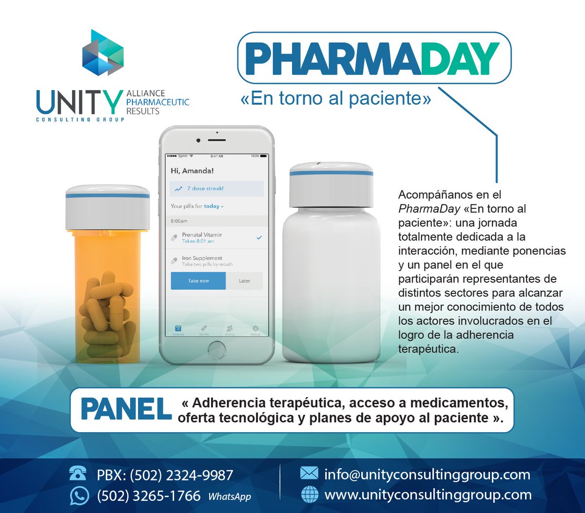 UnityConsGroup's tweet image. Jornada dedicada a la interacción mediante ponencias y un panel, todos involucrados en el logro de la adherencia terapéutica
Martes 22/mayo
Hotel Clarion Suites, C Guatemala
Información: info@unityconsultinggroup.com PBX (502)2324-9987 WhatsApp (502) 3265-1766
#PharmaDay #Unity