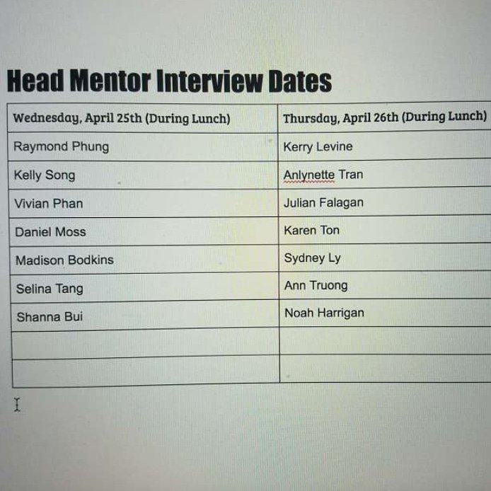 MarinaMentors's tweet photo. Head Mentor interview's are in Beaty's room during lunch!!! https://t.co/CNxvovWHnK