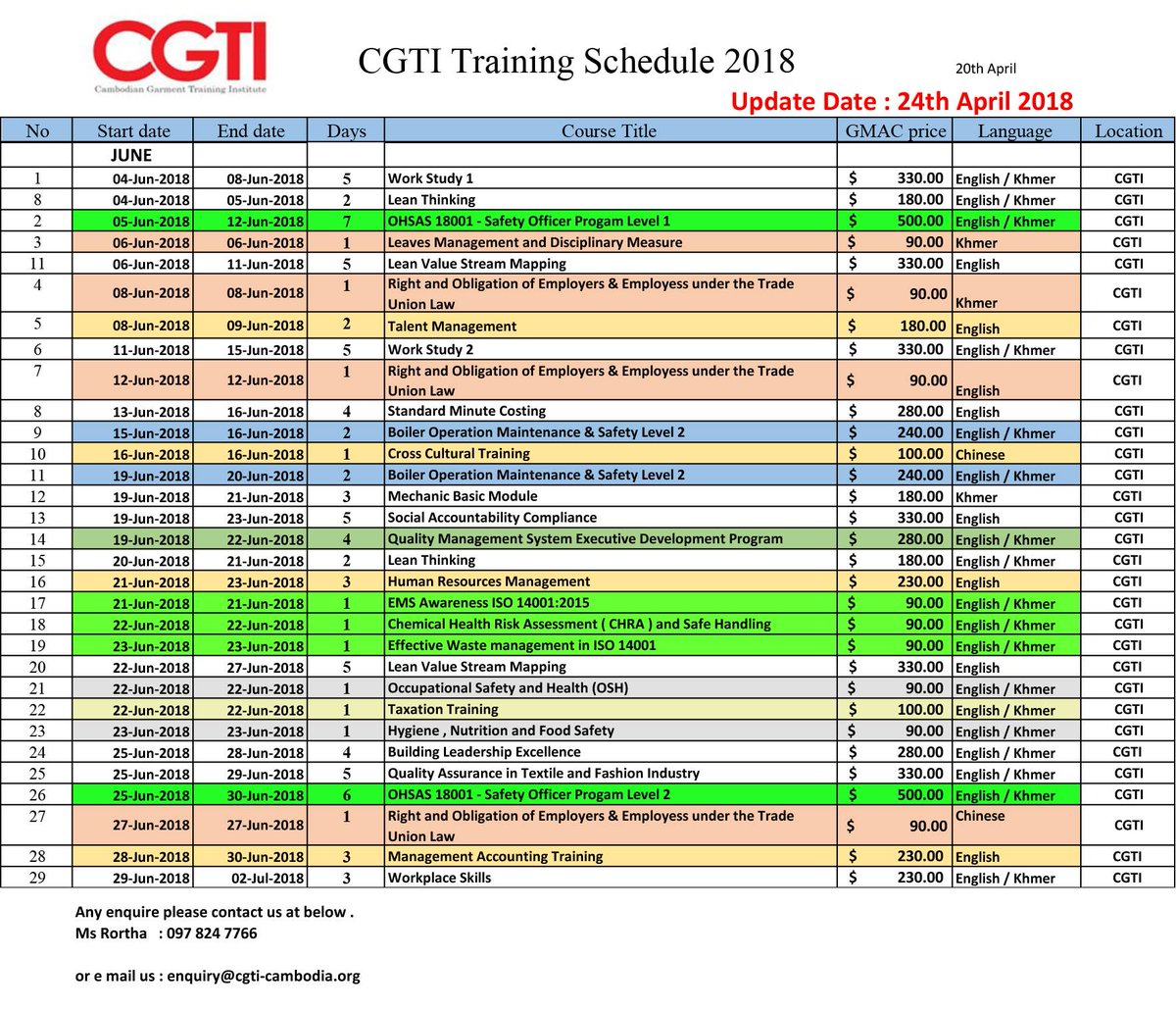 CGTI (@cgticam) on Twitter photo Dear all members
Attached is the updated June 2018 training calendar, please check it out.
Please contact us at enquire@cgti-cambodia.org or call us at++855 23 622 7777
Thank you Dear all members
Attached is the updated June 2018 training calendar, please check it out.
Please contact us at enquire@cgti-cambodia.org or call us at++855 23 622 7777
Thank you