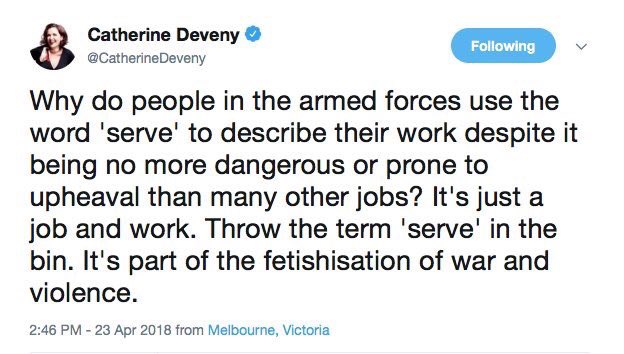 So true, @CatherineDeveny. My granddad's right leg was torn apart by a Japanese bayonet whilst 'serving' on the Kokoda Trail. It reminds me of the epic struggle I had with a Microsoft Word document yesterday whilst 'serving' as a copywriter #LestWeForget