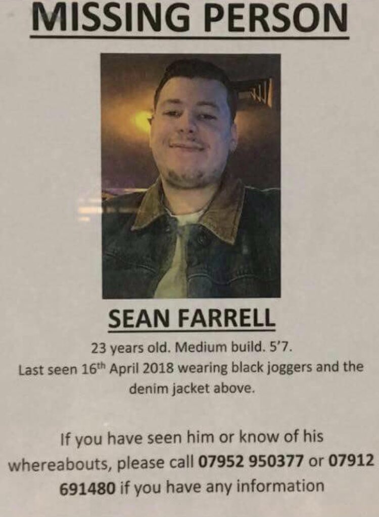 If anyone has seen my pal Sean please ring the numbers below. Last seen in Shoreditch a week ago. Please retweet to help find him. Thank you x