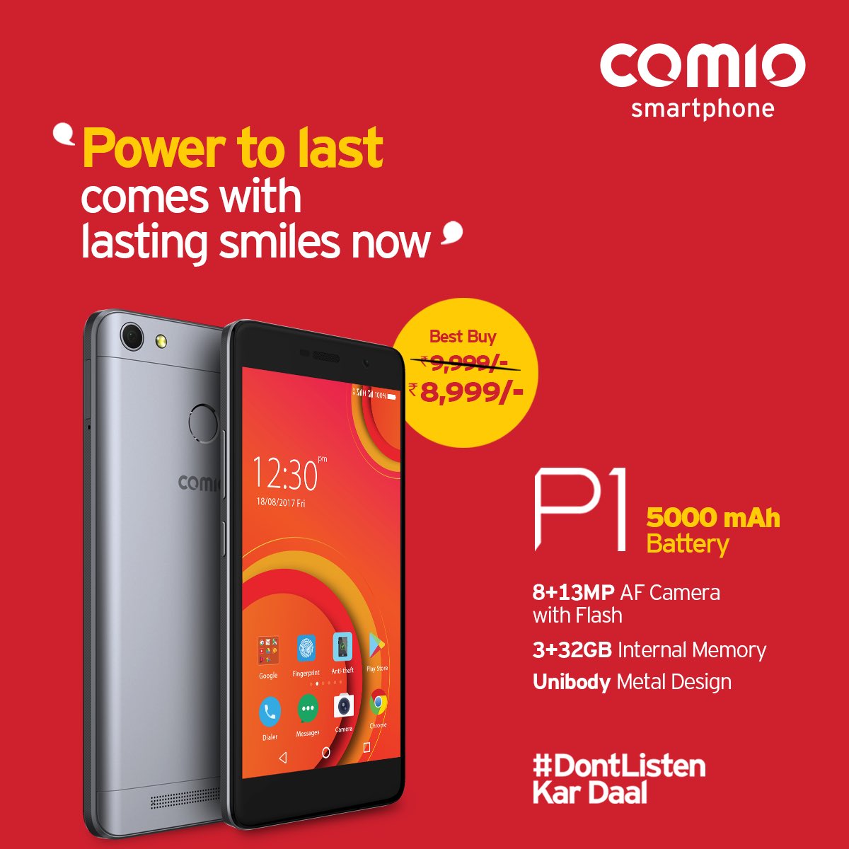 COMIO_IN's tweet photo. Comio P1 and its massive 5000 mAh battery comes at an unbelievable price of Rs 8,999! Offer valid for limited period only. #ComioP1 #PowerToLast #DontListen Kar Daal #ComioP1 https://t.co/drCYd52yyV