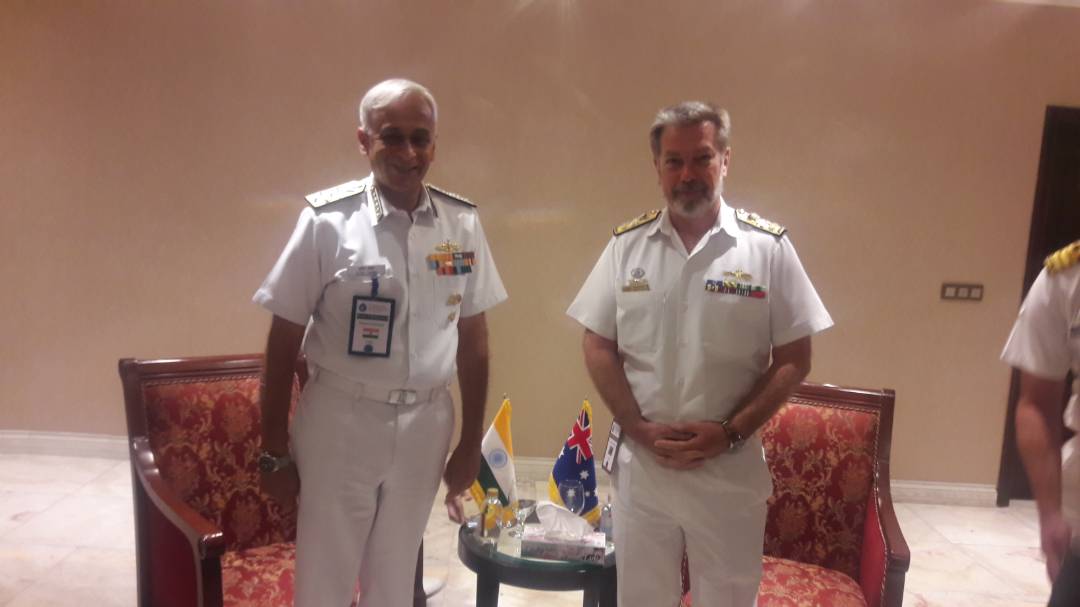 indiannavy's tweet photo. Adm Sunil Lanba CNS in a bilateral meeting with VAdm Tim Barrett , Chief of Australian Navy on the sidelines of #IONS2018 at Tehran Iran @Australian_Navy @AusHCIndia @HCICanberra @SpokespersonMoD @DefenceMinIndia @adgpi @IAF_MCC @HQ_IDS_India @ https://t.co/aur5Cr5sro