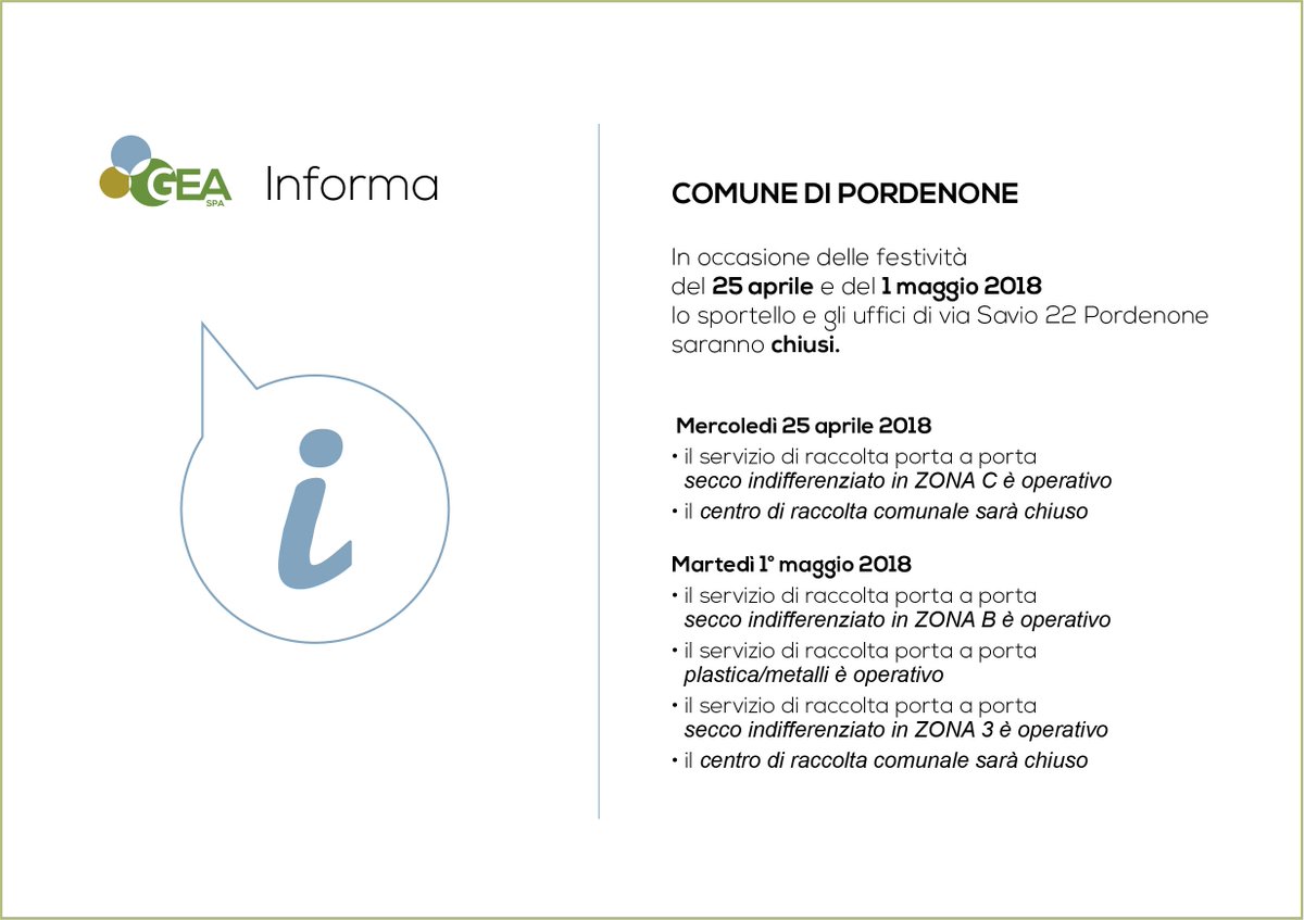 gea_pn's tweet photo. GEA INFORMA: COMUNICAZIONI DI SERVIZIO FESTIVITA'
DEL 25 APRILE E 1 MAGGIO - @comunepordenone https://t.co/dpVopNVutr