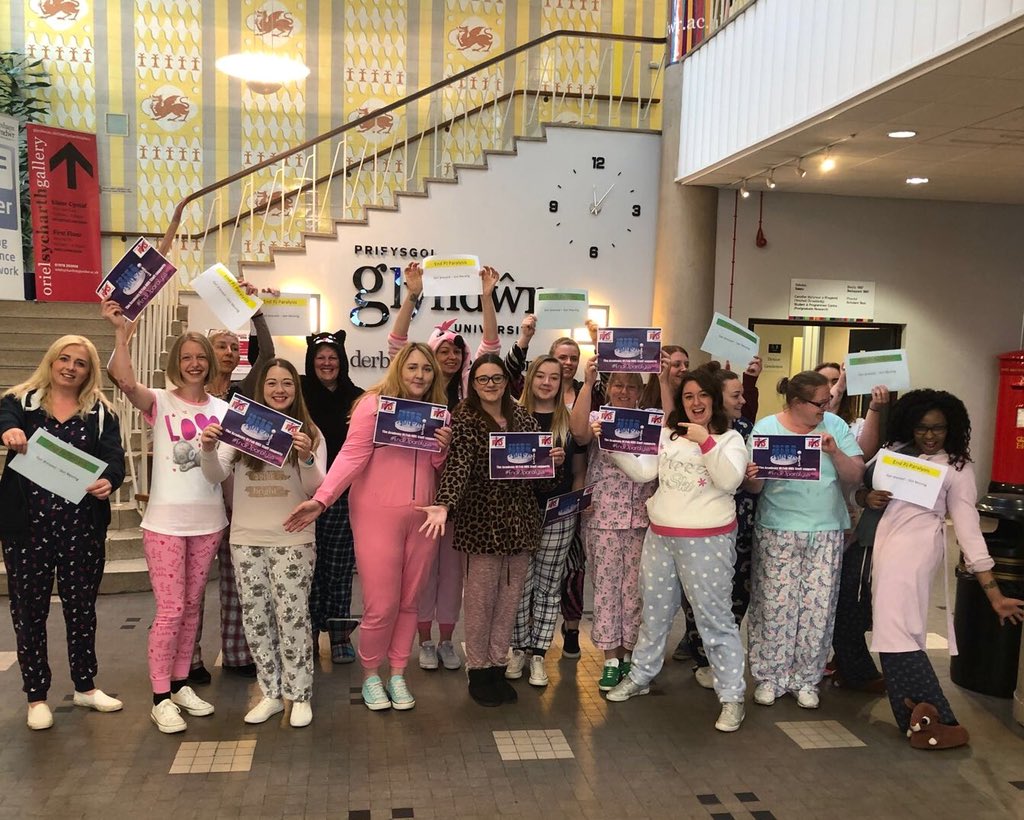 WUNursing's tweet photo. @Steve__Forsyth @baileygemgem @AnnWilliams6 @AmandaB11841854 @janey513 @BrianwDolan @lizsargeant @PeteGordon68 @PaulineDobson9 @jogarzoni @WrexhamCOTE Some of the student nurses causing a stir @GlyndwrUni today. In PJs to raise awareness of the #EndPjParalysis campaign. ‘Get dressed, get moving’ - create a dignified hospital stay for everyone @AnnWilliams6 @DebCheadle https://t.co/RK4iWa1JUO