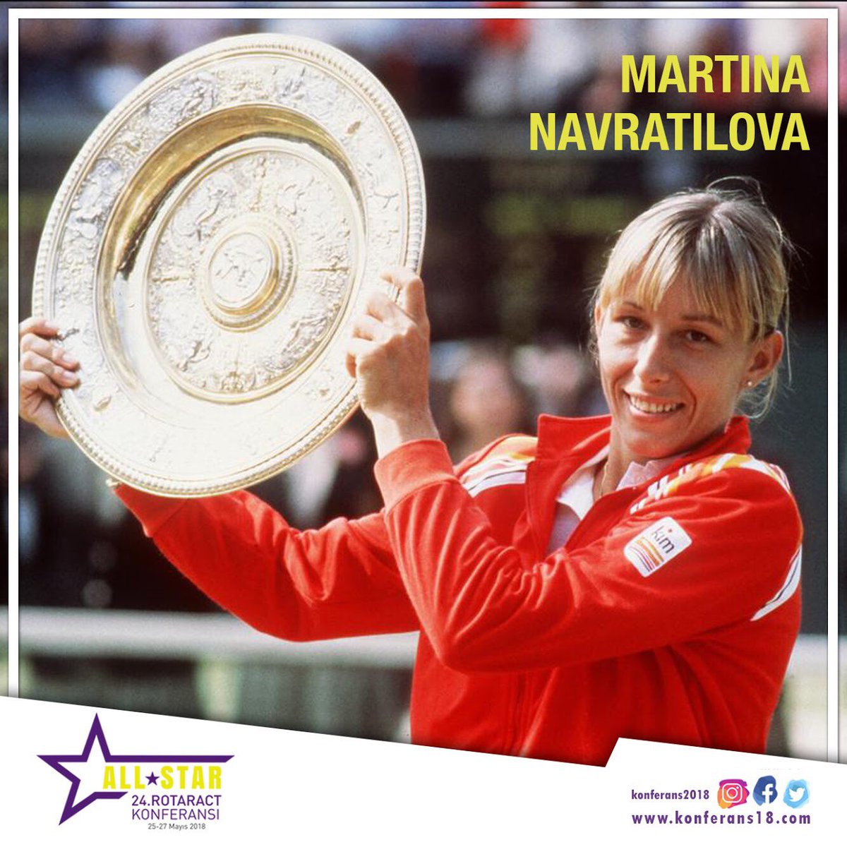 Kariyeri boyunca toplam 167 kupa kazanan Martina Navratilova paketine kayıt için son gün 11 Mayıs !! 
konferans18.com
#konferansallstar #allstar2018 #konferans2018 #konferans18 #allstar #niluferrotaract #didim #rotaract2440 #konferans #rotaract