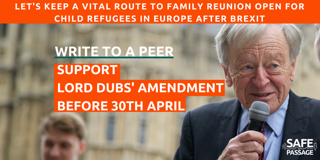 .<a href="/alfdubs/">Alf Dubs</a> has tabled an amendment to the Brexit Bill, to ensure a route to family reunion for child refugees in Europe isn’t closed by our Government. We need you to email a Peer in the House of Lords to make sure they turn up to vote in favour on Monday buff.ly/2vFSQtS