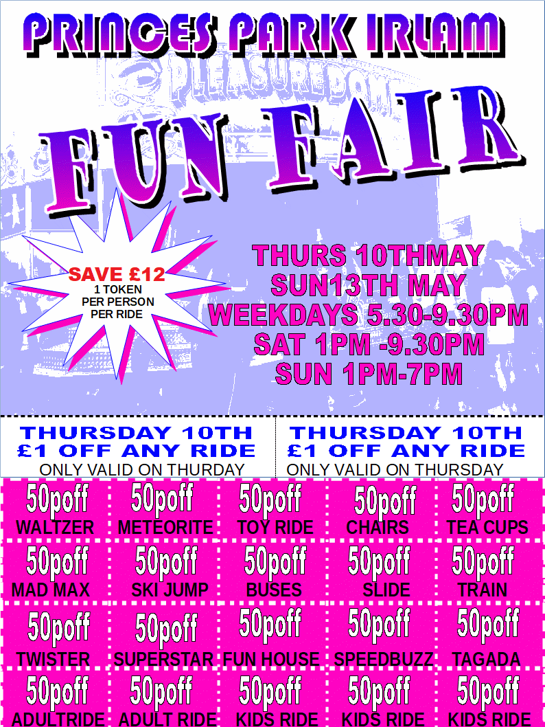 mhamusements's tweet photo. #IRLAM #funfair 10TH-13TH MAY, #PRINCESPARK #MONEYOFF #family #daysout #Salford #events  print off and bring to the fair for money off https://t.co/yO3rkmnh10