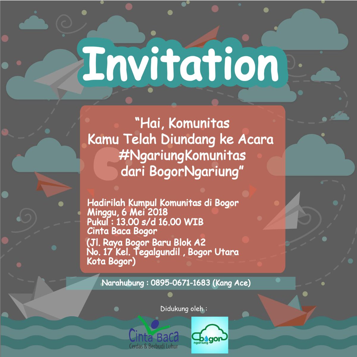 Ngariung Komunitas akan digelar pada
📆 *Minggu, 6 Mei 2018*
⏰ *13.00 s.d. 16.00*
🏠 *Cinta Baca Bogor*

📋 Agenda:
1. Ngariung
2. Pemaparan program Bogor Ngariung
3. Diskusi perbidang
4. Perkenalan Cinta Baca