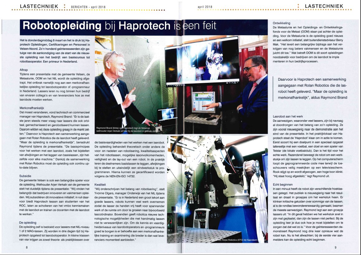 haprotech's tweet image. Een mooi verslag in de nieuwe editie van @VBLASTECHNIEK over de, in samenwerking met de @gemvelsen , gehouden presentatie van onze #lasrobot en bijbehorende #opleiding. Klik op afbeelding om te lezen.