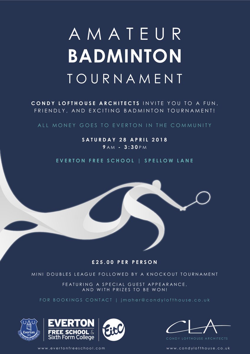condylofthouse's tweet image. We have a few places available at our amateur charity badminton tournament this Saturday @Evertonschool raising money for @EITC please contact rlavelle@condylofthouse.co.uk to secure your doubles team place!! 
Or feel free to donate justgiving.com/evertonfc/rais…