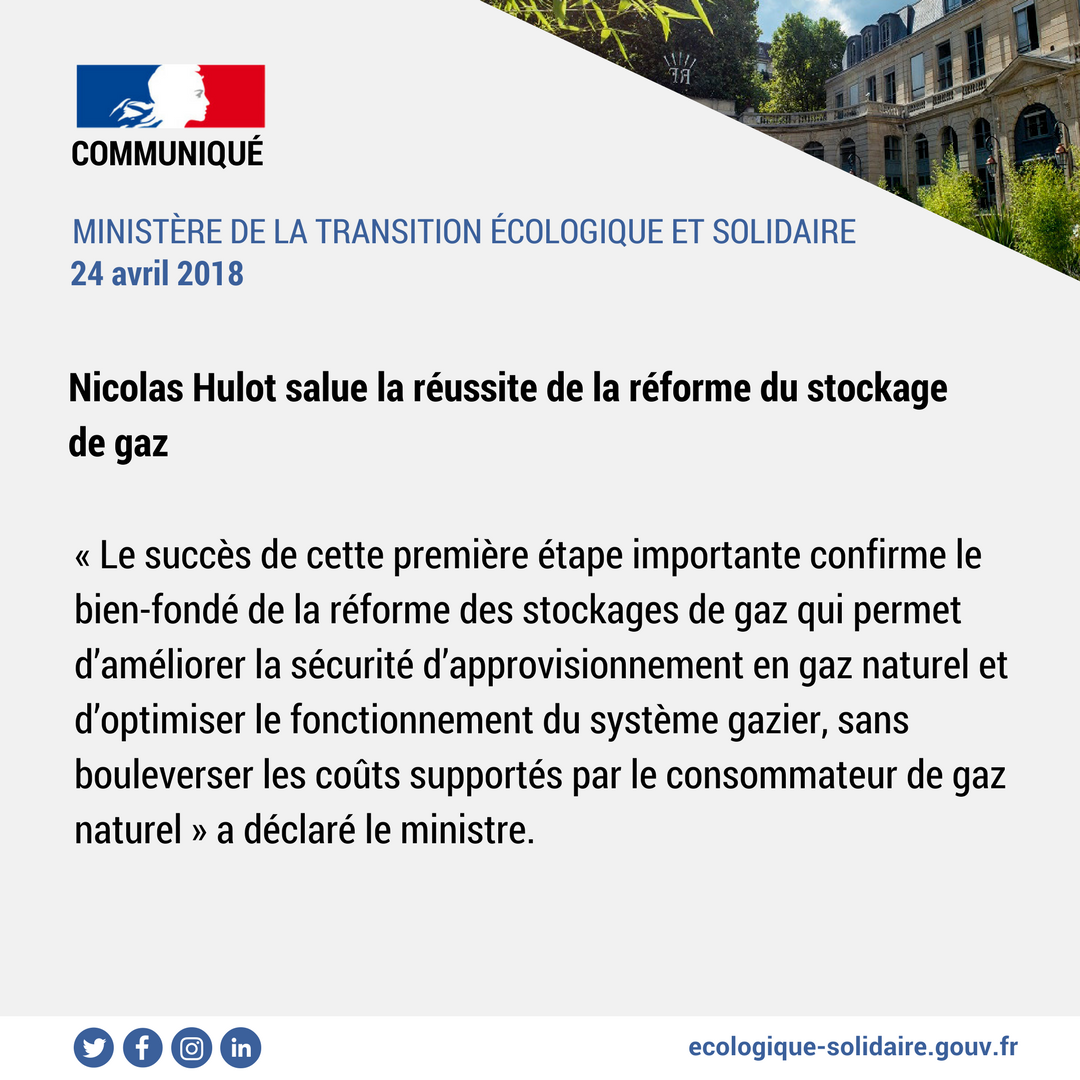 Ecologie_Gouv's tweet photo. 🌱 COMMUNIQUÉ |

@N_Hulot s’est félicité du succès de la première commercialisation aux enchères des capacités de stockage, garantissant ainsi la sécurité d'approvisionnement de la France🇫🇷 en #gaz naturel pour l'hiver 2018-2019.

👉 https://t.co/f8vYGAZK66 https://t.co/GgQRs71Blf