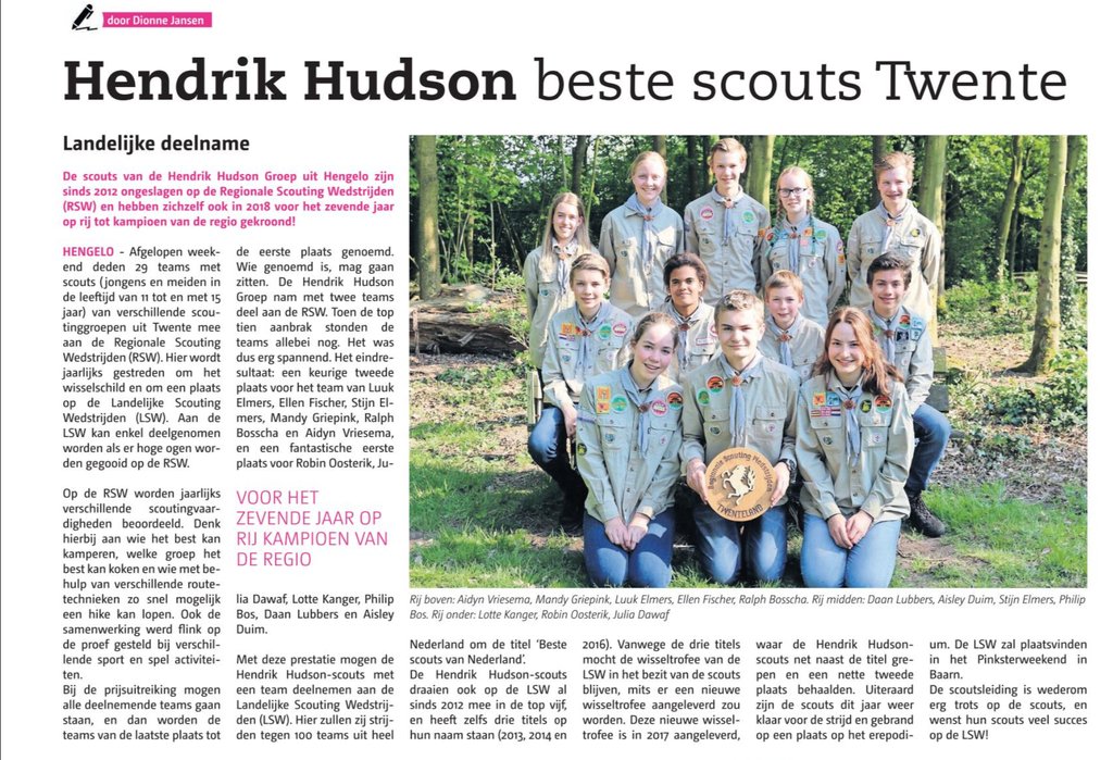 Hengelo's Weekblad 24 april 2018

Hendrik Hudson beste scouts Twente!
