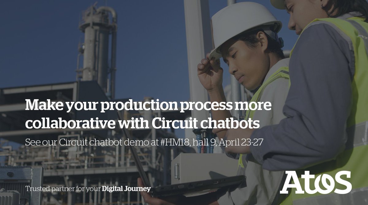UnifyMitel's tweet image. Visit the @Atos booth at #HM18, Hall 9, to learn how Circuit chatbot integration with Siemens #MindSphere helps engineers deal with technical issues in real time. #IoT bit.ly/2HTxuvq