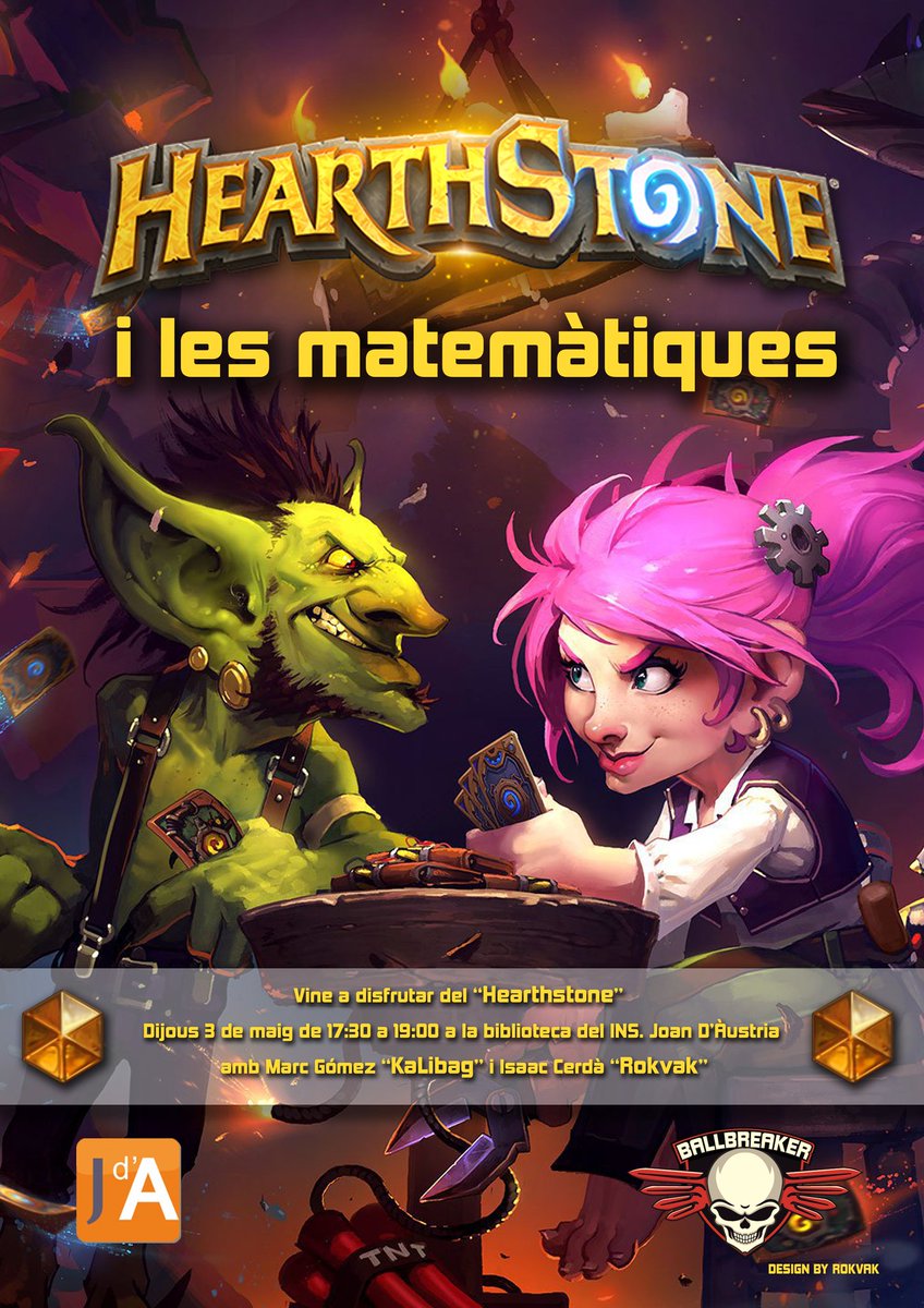 <a href="/Rokvak/">Rokvak</a> y yo （<a href="/kalibag/">Mario Macias</a>） haremos una conferencia de ＃hearthstone en <a href="/insjoandaustria/">INS Joan d'Àustria</a> y sus relaciones con las matemáticas. En un principio solo será para alumnos del instituto. Go <a href="/BallbreakerAB/">Ballbreaker</a> ！