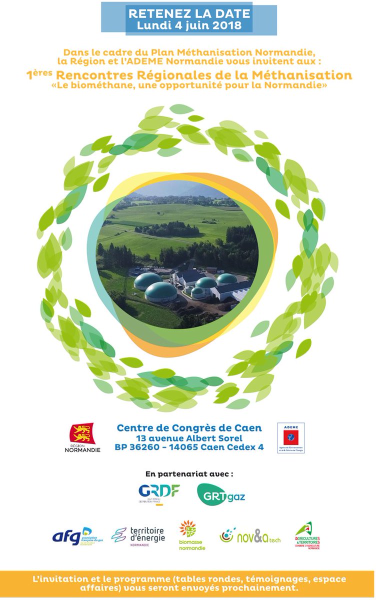 Premières Rencontres Régionales de là Méthanisation à Caen le 4 juin avec <a href="/RegionNormandie/">Région Normandie</a> <a href="/ademe/">ADEME</a> <a href="/GRDF/">GRDF</a> @GRTgaz <a href="/Agri_Normandie/">ChambreAgriNormandie</a>