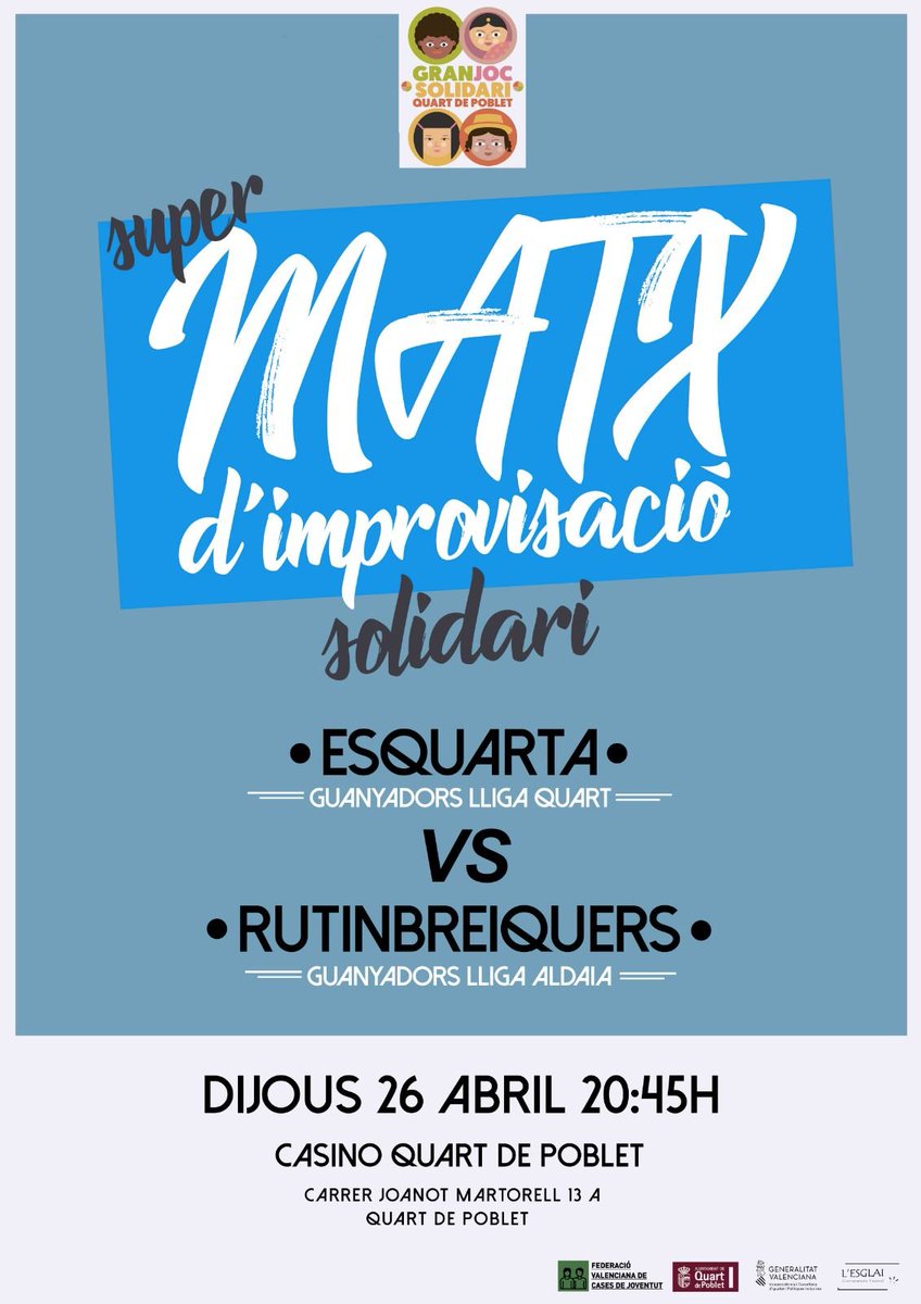 Com sabem que l'enyorança pesa molt, venim a calmar la vostra tristesa  anunciant un super matx d'improvisació que tindrà lloc en el nostre  estimat escenari del teatre del Casino de Quart de Poblet este dijous a  les 20:45h. 😊✨Vindreu, veritat?