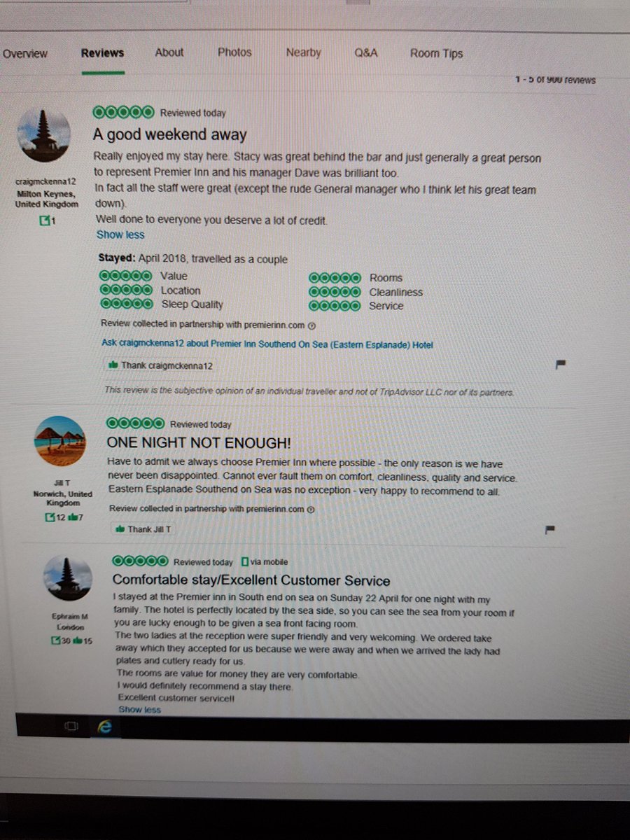 Three in a row!! Great trip advisor responses <a href="/gillklarin/">Gillian Klarin</a> <a href="/essexarea/">Premier Inn Essex Area</a> <a href="/placemadebyyou/">A Place Made By You</a>