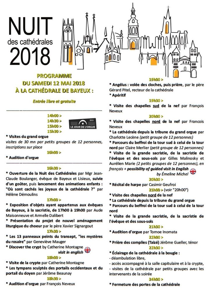 RDV le 12 mai à #Bayeux pour la #nuitdescathédrales avec un programme riche et des événements inédits. 
Ne ratez pas la #cathédrale illuminée par des centaines de bougies, des visites thématiques, des recoins de la cathédrale jamais ouverts, un jeu pour enfants, etc.