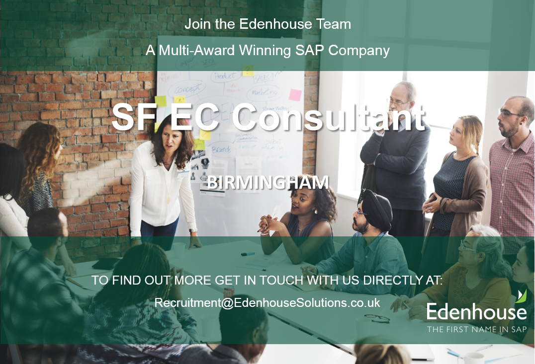 EdenhouseTalent's tweet photo. We are looking for a SuccessFactors/Employee Central Consultant to join our expanding team in Birmingham. If you would like more information please get in touch today to discuss further! #successfactors #jobs #Hiring https://t.co/DmjNXYkb4n