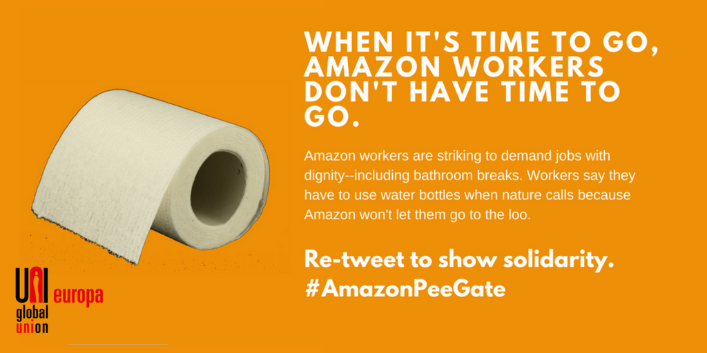 UNI_Europa's tweet photo. Today at 6pm thousands of workers on strike against #Amazon will be protesting outside @axelspringer_EN building in Berlin where @JeffBezos is getting an award despite his staff being penalised for taking bathroom breaks
Where's the dignity? #AmazonPeeGate #RightsforAmazonWorkers https://t.co/MqdecY8mD2