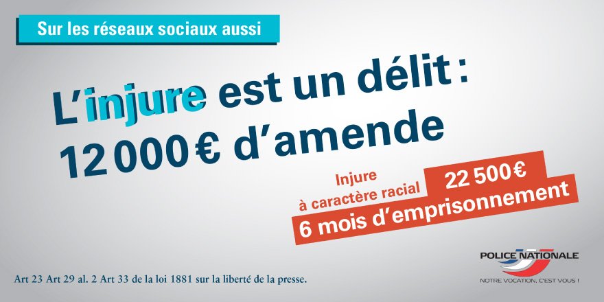 [RAPPEL] C’est plus facile devant un écran mais tout aussi grave : en insultant sur les réseaux sociaux, vous vous exposez à des sanctions pénales. 
Alors pesez vos mots pour ne pas être rattrapé par la réalité !