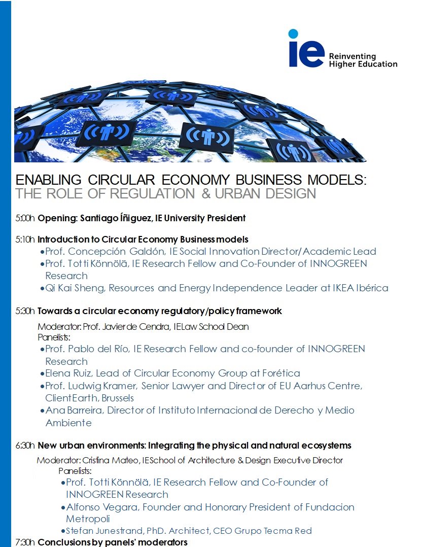 ConchitaGaldon's tweet photo. Join @IEbusiness this Thursday for a conversation about the Role of Regulation and Urban Design on #CircularEconomy Business Models #SocInn. Apr 26th at 5pm in IE's Paper Pavillion (calle Serrano 99) Register here: https://t.co/e6f5FZ4vDy https://t.co/SpXuuckvko