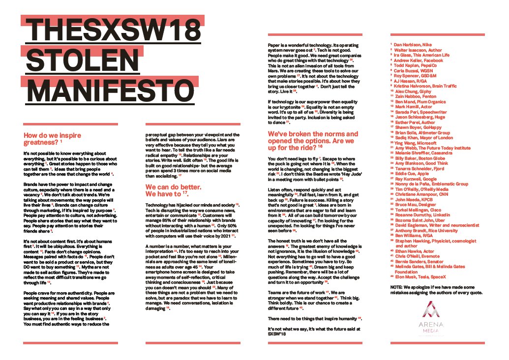 Arena_es's tweet photo. ¡Ya está aquí el Stolen Manifesto 2018! Una acción que busca condensar de una forma visual los aprendizajes y tendencias expuestas en el Festival, a través del collage de citas de sus ponentes: https://t.co/PWQT0Lt1wn   por @pablowup  y @robert_hache  #ArenaInSXSW #SXSW18 https://t.co/OxIUk7ERHa