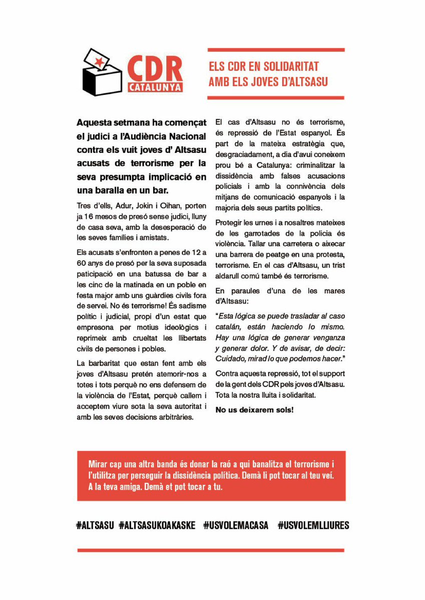 CDRCatOficial's tweet image. Comunicat dels CDR en suport amb els joves d'Altsasu.⤵⤵⤵

▶Perquè la solidaritat no entén de fronteres i juntes farem front a aquest estat feixista i repressor.◀

#AltsasukoakAske #Altsasu