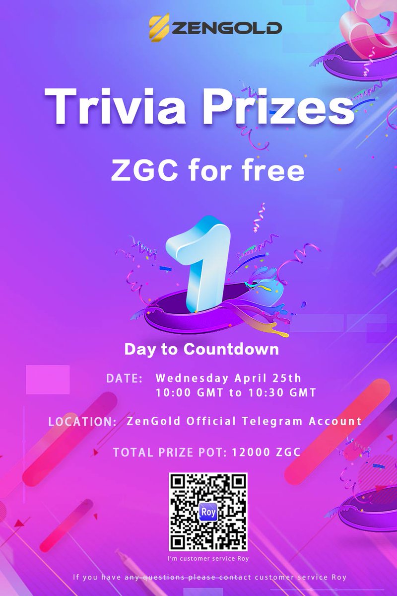 ZenGold1's tweet photo. 1 day countdown to the ZGC Prize Giveaway! Join us tomorrow Wednesday, April 25th at 10:00 GMT, we will be giving away 12,000 ZGC tokens! Join the official ZenGold Telegram account for more info https://t.co/mb3JcHYrEN https://t.co/MJal15Beuu